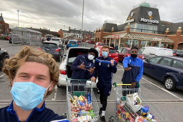 Hartlepool United players bought food for the campaign at Morrisons supermarket.