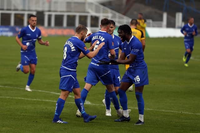 Nicky Featherstone of Hartlepool United celebrates after putting his team 1-0 up from the penalty spot during the Vanarama National League match between Hartlepool United and Aldershot Town at Victoria Park, Hartlepool on Saturday 3rd October 2020. (Credit: Christopher Booth | MI News)