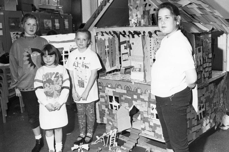 Building a giant dolls' house at the town's museum in October 1991 were, left to right:  Jacqueline Newman, Jill Tubbritt, Tracy Rossiter and Helen Newman.