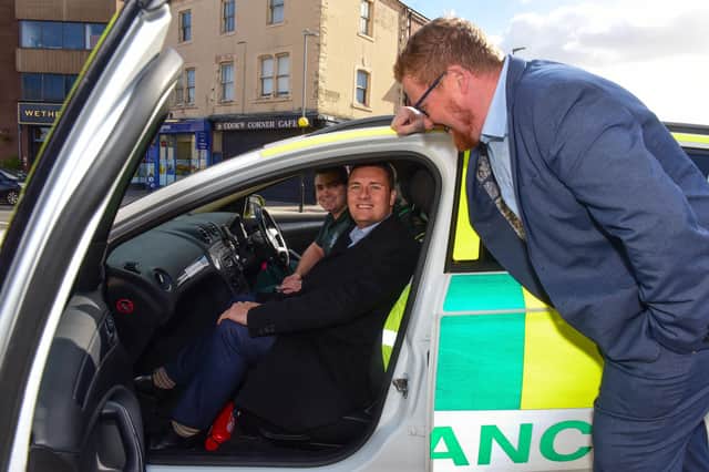 Labour shadow health secretary Wes Sweeting (centre) met Dan Hewitson (left), of the Hartlepool Ambulance Charity, Parliamentary candidate Jonathan Brash on a visit to the town on Saturday (October 8).
