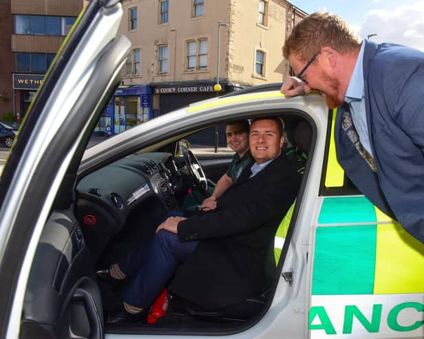 Labour shadow health secretary Wes Sweeting (centre) met Dan Hewitson (left), of the Hartlepool Ambulance Charity, Parliamentary candidate Jonathan Brash on a visit to the town on Saturday (October 8).