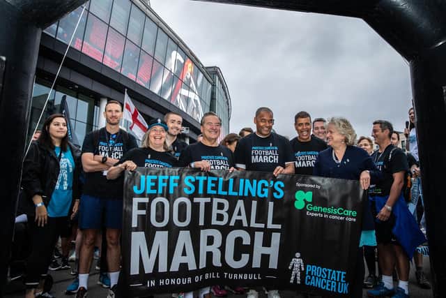 Jeff and supporters on the walk including Mark Bright, Chris Kamara and Bill Turnbull's wife Sesi. Photo: Prostate Cancer UK