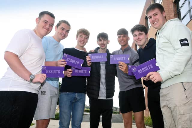 Manor Community Academy pupils William Chapple, Joseph Pollard, James Smart, Daniel O'Conner, Jack Hall, Micael Ward and Coby-Jay Jones gather together to celebrate their GCSE exam results.