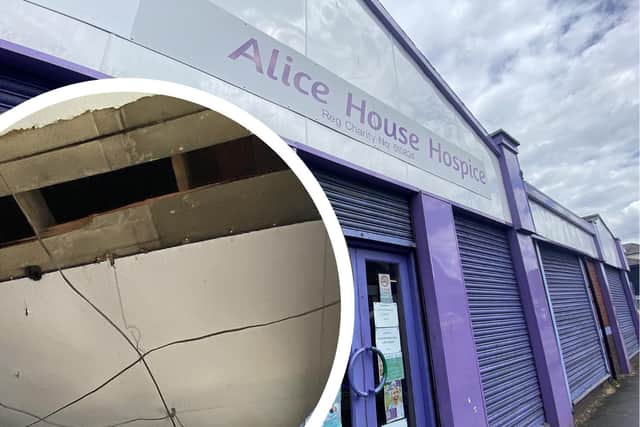 The Alice House Hospice charity shop in Raby Road and (inset) the hole in the ceiling where David Hadfield broke through to the shop floor.