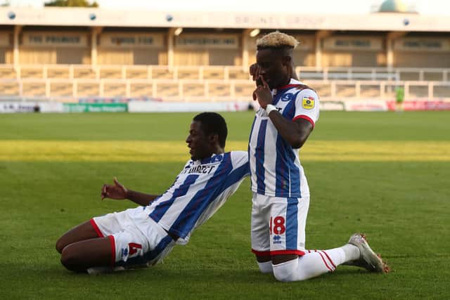 Mikael Ndjoli scored his first goals for Hartlepool United as they earned their first win of the season against Harrogate Town in the Papa Johns Trophy. (Credit: Mark Fletcher | MI News)
