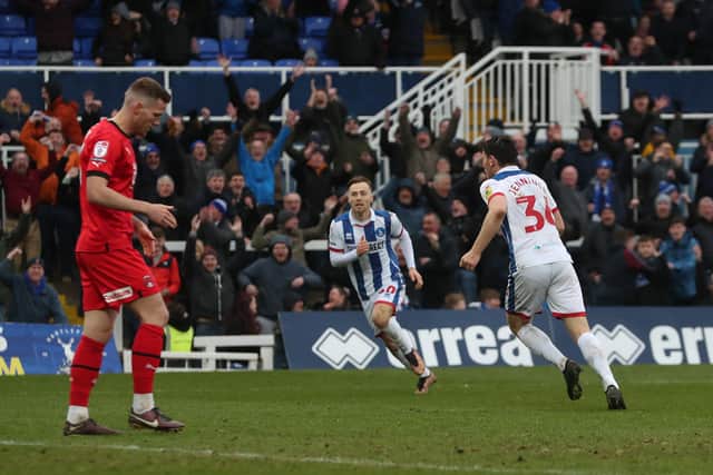 Hartlepool United's Connor Jennings runs away to celebrate after scoring the equalising goal against Leyton Orient. (Photo: Mark Fletcher | MI News)