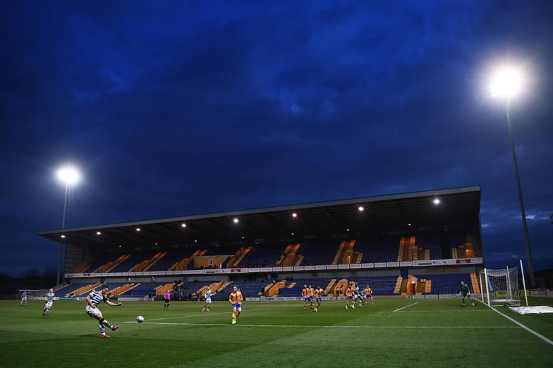 A stuuning shot as Kane Wilson crosses the ball as night falls during the Sky Bet League Two match between Mansfield Town and Forest Green Rovers at One Call Stadium.
