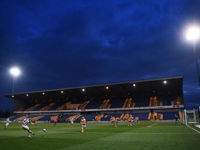 A stuuning shot as Kane Wilson crosses the ball as night falls during the Sky Bet League Two match between Mansfield Town and Forest Green Rovers at One Call Stadium.