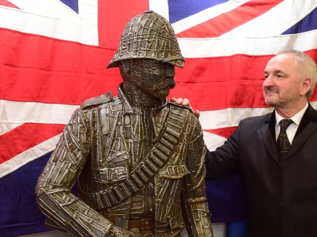 The new Ray Lonsdale Boer War statue, with Stephen Close who organised the funding of the project.