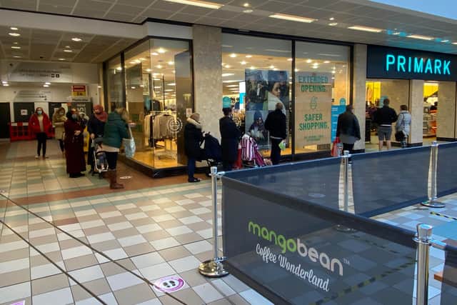 Queues outside Primark, in Hartlepool's Middleton Grange Shopping Centre, as the majority of the centre's shops reopened following the easing of lockdown restrictions.
