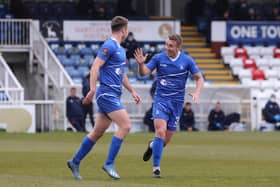 Hartlepool United's Rhys Oates celebrates after scoring their first goal   during the Vanarama National League match between Hartlepool United and Maidenhead United at Victoria Park, Hartlepool on Saturday 8th May 2021. (Credit: Mark Fletcher | MI News)