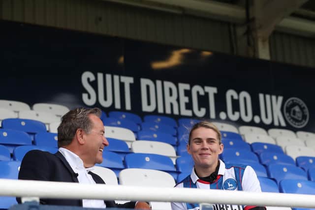 Sky Sports presenter Jeff Stelling and Hartlepool born boxer Savannah Marshal in conversation at the Suit Direct Stadium. (Credit: Mark Fletcher | MI News)