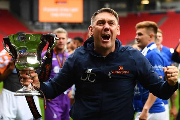 Dave Challinor, Manager of Hartlepool United celebrates following the Vanarama National League Play-Off Final match between Hartlepool United and Torquay United at Ashton Gate on June 20, 2021 in Bristol, England. (Photo by Harry Trump/Getty Images)