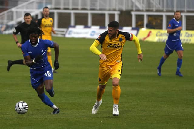 Claudio Ofosu of Hartlepool United and Jamie Sendles-White of Aldershot Town during the Vanarama National League match between Hartlepool United and Aldershot Town at Victoria Park, Hartlepool on Saturday 3rd October 2020. (Credit: Christopher Booth | MI News)
©MI NewsL