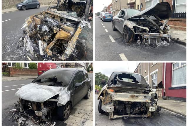 Some of the vehicles set on fire by David Jenkins in Hartlepool in August 2023.