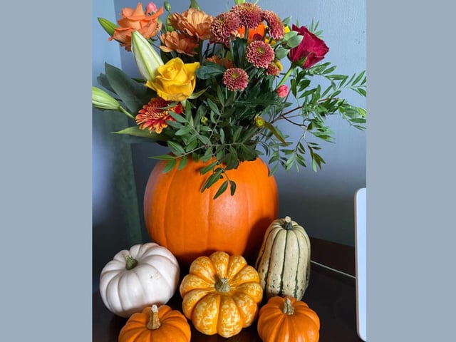 The colours of autumn beautifully presented in this display. Celebrating National Pumpkin Day and Halloween with Susan Howlett.
