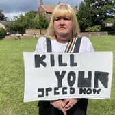 Joanne Dent joined protesters campaigning for traffic calming in Wolviston. Picture: Gareth Lightfoot.