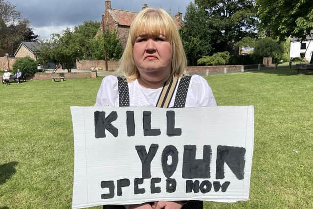 Joanne Dent joined protesters campaigning for traffic calming in Wolviston. Picture: Gareth Lightfoot.