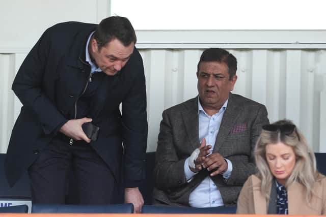 Hartlepool United Chairman Raj Singh and Lee Rust during the League Two match between Hartlepool United and Leyton Orient at Victoria Park, Hartlepool on Saturday 12th March 2022. (Credit: Mark Fletcher | MI News)