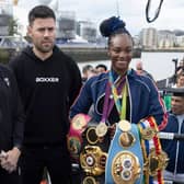 Boxxer promoter Ben Shalom with fighters Savannah Marshall (left) and Claressa Shields (right) in London. (Photo by Eddie Keogh/Getty Images)