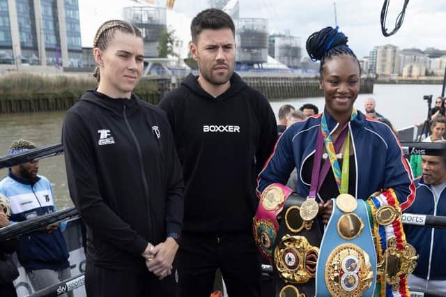 Boxxer promoter Ben Shalom with fighters Savannah Marshall (left) and Claressa Shields (right) in London. (Photo by Eddie Keogh/Getty Images)