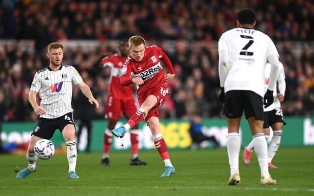 Middlesbrough forward Duncan Watmore shoots against Fulham.