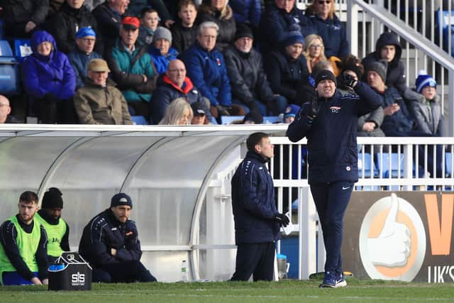 Hartlepool United manager Dave Challinor during the Vanarama National League match between Hartlepool United and Aldershot Town at Victoria Park, Hartlepool on Saturday 8th February 2020. (Credit: Mark Fletcher | MI News)