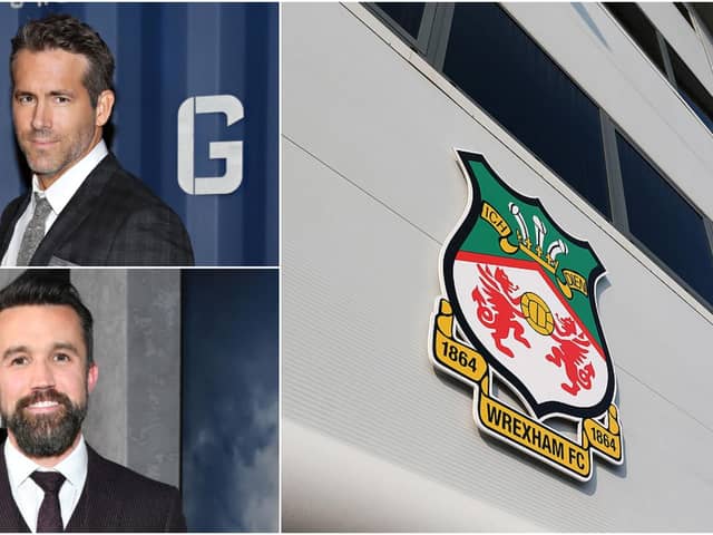 Ryan Reynolds (top left) and Rob McElhenney (bottom left) are set to be the new owners of Wrexham. (Getty images).