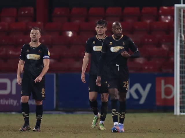 Hartlepool United players despondent after falling behind against Crewe Alexandra. (Photo: Chris Donnelly | MI News)