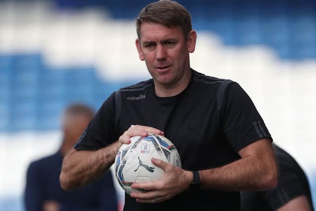 Hartlepool United manager Dave Challinor during the Sky Bet League 2 match between Oldham Athletic and Hartlepool United at Boundary Park, Oldham on Saturday 18th September 2021. (Credit: Mark Fletcher | MI News)