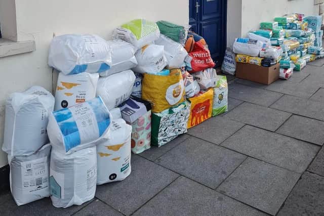 The huge pile of donated goods which was waiting outside Hogg Global Logistic's offices in Hartlepool.