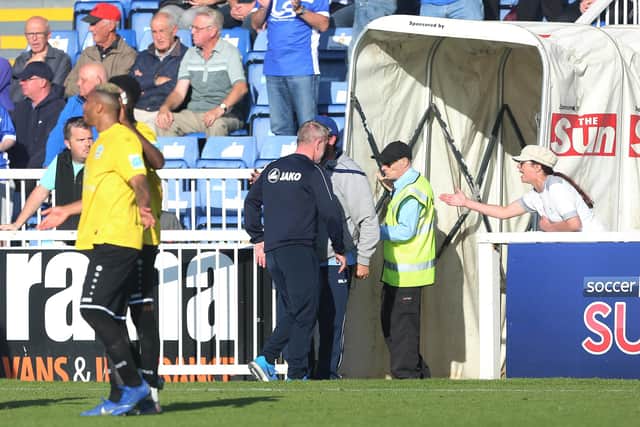 Craig Hignett leaves the field after being shown a red card by referee Joe Johnson during the Vanarama National League match between Hartlepool United and Dover Athletic at Victoria Park, Hartlepool on Saturday 21st September 2019. (Credit: Mark Fletcher | MI News)