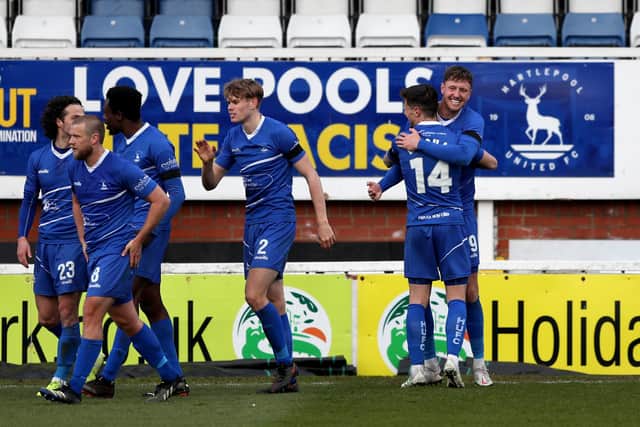 Richie Bennett of Hartlepool United  celebrates after putting his side 2-0 up during the Vanarama National League match between Hartlepool United and Notts County at Victoria Park, Hartlepool on Saturday 10th April 2021. (Credit: Chris Booth | MI News)
