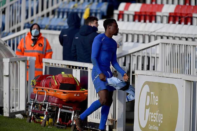 Timi Odusina was shown a red card during the match (photo: Frank Reid)