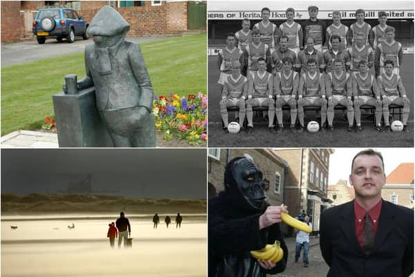 Clockwise from top left, Andy Capp, Hartlepool United footballers in the late 1980s, Stuart Drummond (right) the day after he became Mayor of Hartlepool and Seaton Carew Beach.