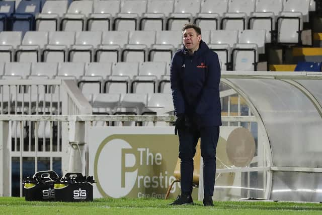 Hartlepool manager, Dave Challinor during the Vanarama National League match between Hartlepool United and Torquay United at Victoria Park, Hartlepool on Saturday 31st October 2020. (Credit: Mark Fletcher | MI News)