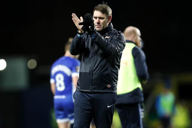 Hartlepool United manager Dave Challinor applauds the fans. Photo: Darren Staples/PA Wire.