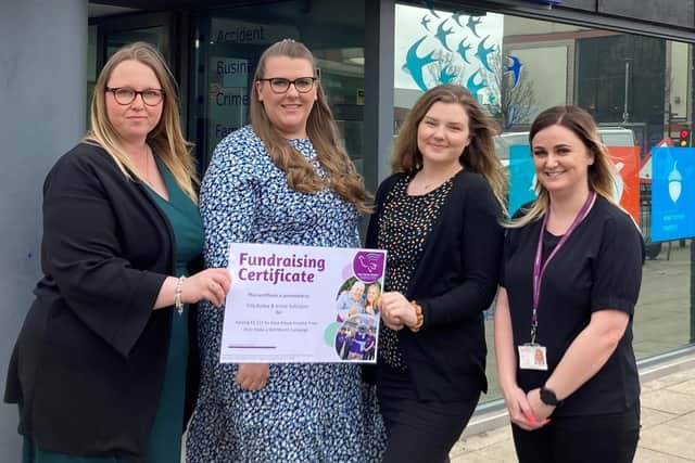 Left to right: Solicitor Shelley Hissett, legal secretaries Hannah Roberts and Michelle Hendy, and Nicola Winwood from Alice House Hospice outside TBI's office in York Road, Hartlepool.