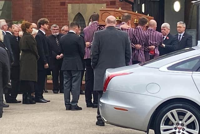 Alby Pattison's coffin is carried into Stranton Grange Crematorium by members of Hartlepool Rovers rugby club. Picture by FRANK REID