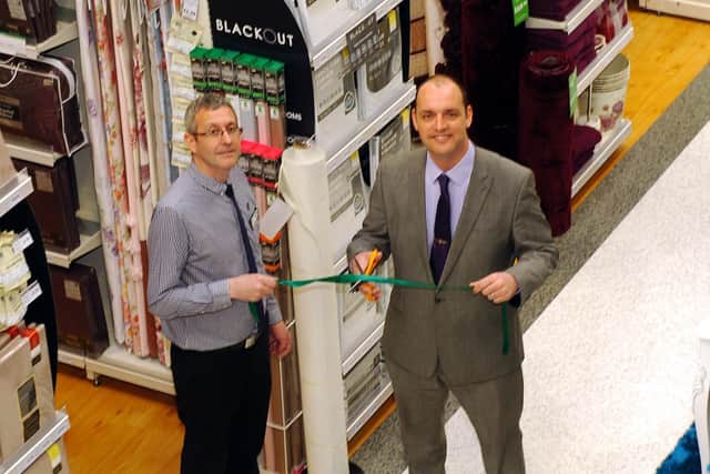 Stuart Drummond, former Mayor of Hartlepool, cuts the ribbon to open the Dunelm Store in 2013 as former manager, Ray Scott, gives a helping hand.
