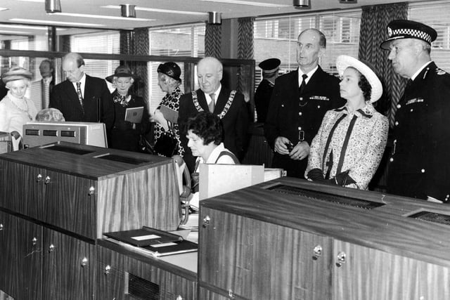 The Queen is shown round the Police headquarters at Fettes Avenue in Edinburgh in July 1974