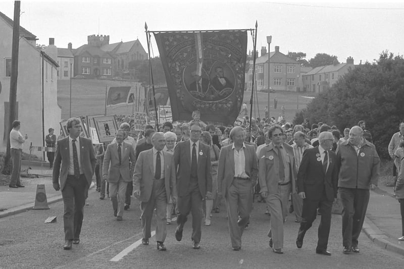 NUM leader Arthur Scargill, at the centre of the front row, at Easington in July 1984.
