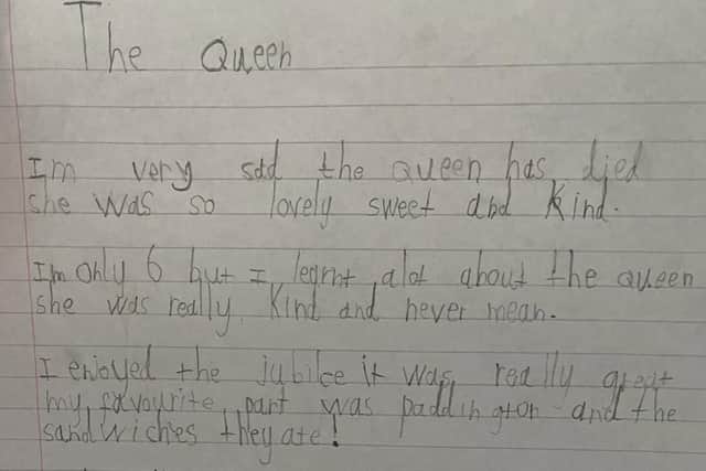 Six-year-old Henri Wood's poem titled, The Queen, in memory of Her Majesty Queen Elizabeth II.