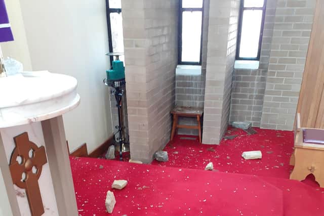 Masonry and debris inside St Patrick's Church after vandals smashed windows.