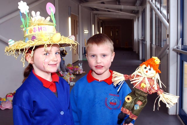 Throston Primary School pupils Casey Walton and Alex Edwards wear their handmade Easter bonnets in 2013.