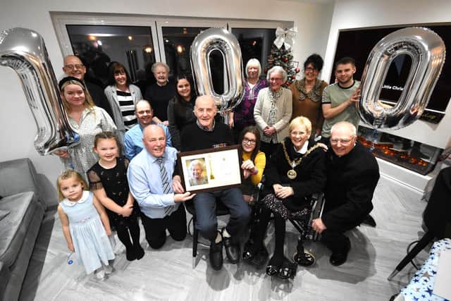 Hartlepool man Roland Payne celebrates his 100th birthday with family and the Mayor of Hartlepool, Councillor Brenda Loynes, and her consort Cllr Dennis Loynes.