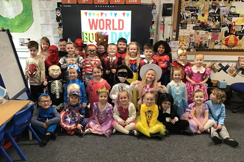 The reception class at Fen Primary School all dressed up for World Book Day.