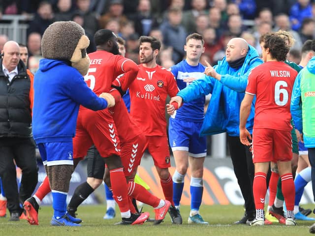 Tempers flare after the Vanarama National League match between Hartlepool United and Ebbsfleet United at Victoria Park, Hartlepool on Saturday 7th March 2020. (Credit: Mark Fletcher | MI News)
