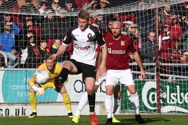 Luke Armstrong of Salford City in action during the Sky Bet League Two match between Northampton Town and Salford City at PTS Academy Stadium  (Photo by Pete Norton/Getty Images)