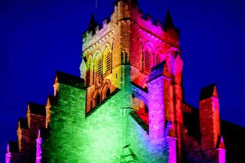 St Hilda's Church illuminated in bright light for the Wintertide Festival.
